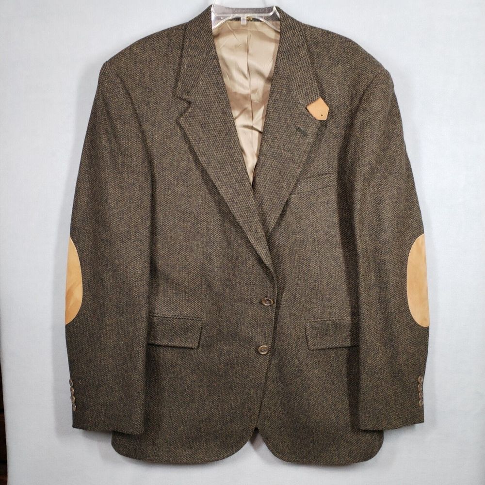 Mens Wool Tweed Jacket Suede Elbow Patch 2 Button Blazer 43L Vintage Evan-Picone